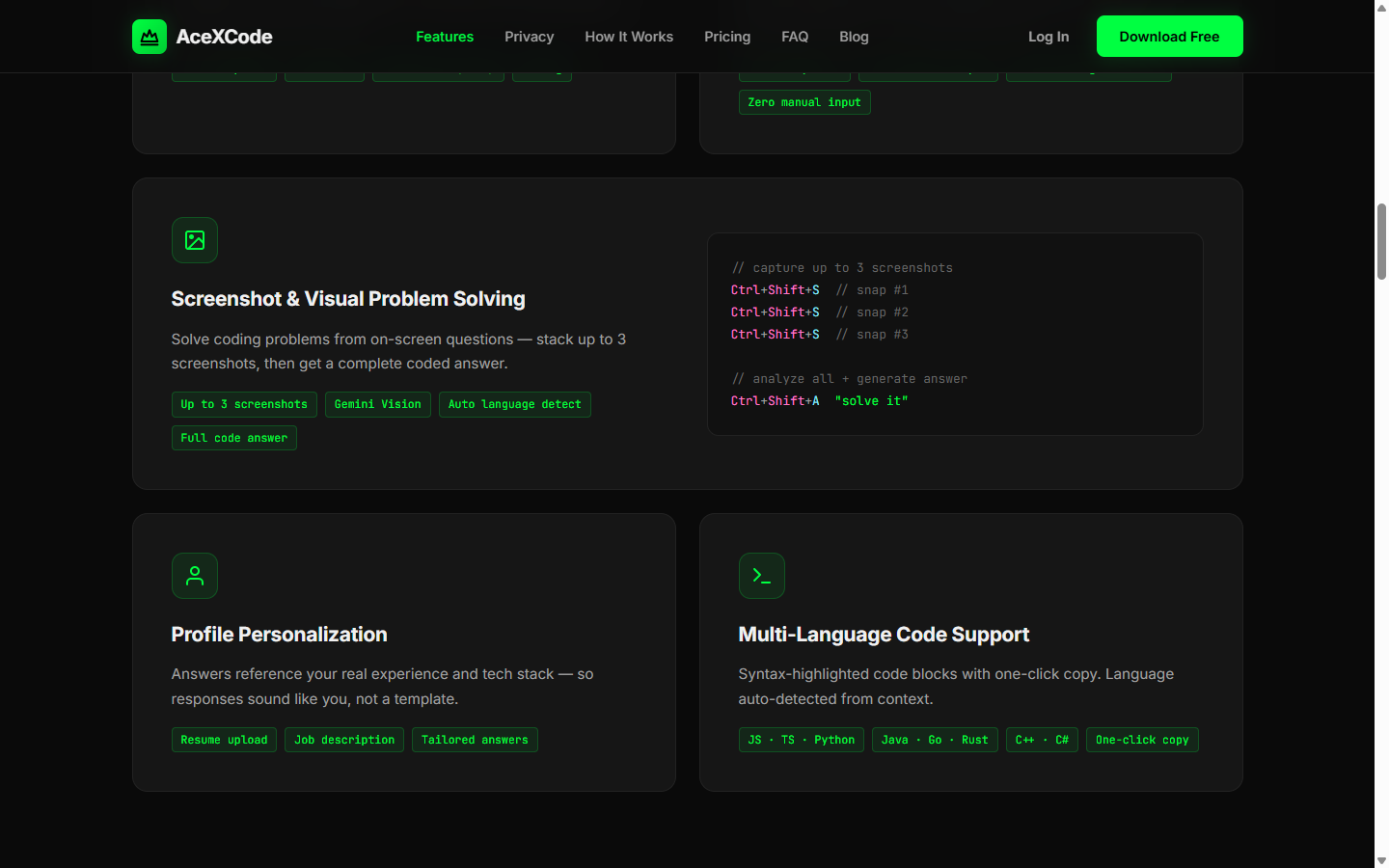 Acexcode feature cards — screenshot solving, profile personalisation, multi-language code