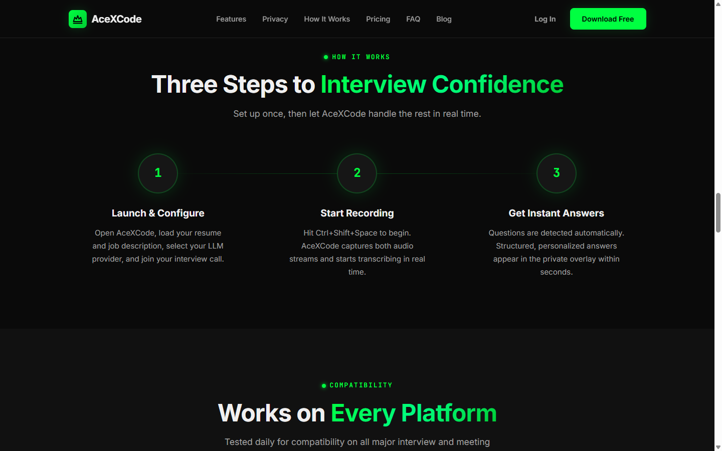 Acexcode three-step flow — launch, record, get answers