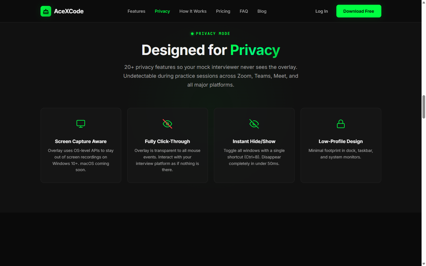 Acexcode privacy mode — screen capture aware, click-through, instant hide, low-profile