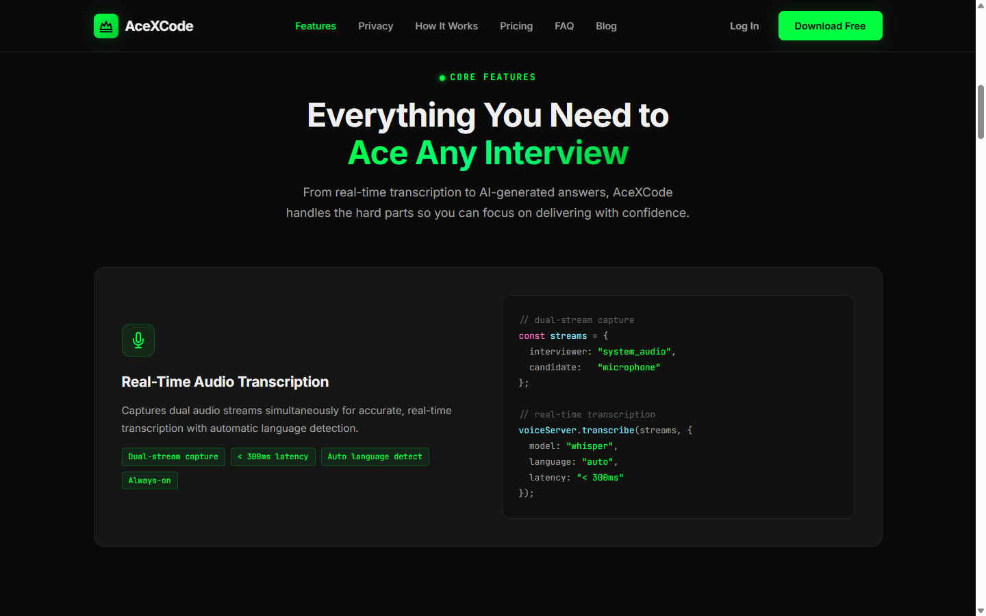 Acexcode real-time audio transcription feature