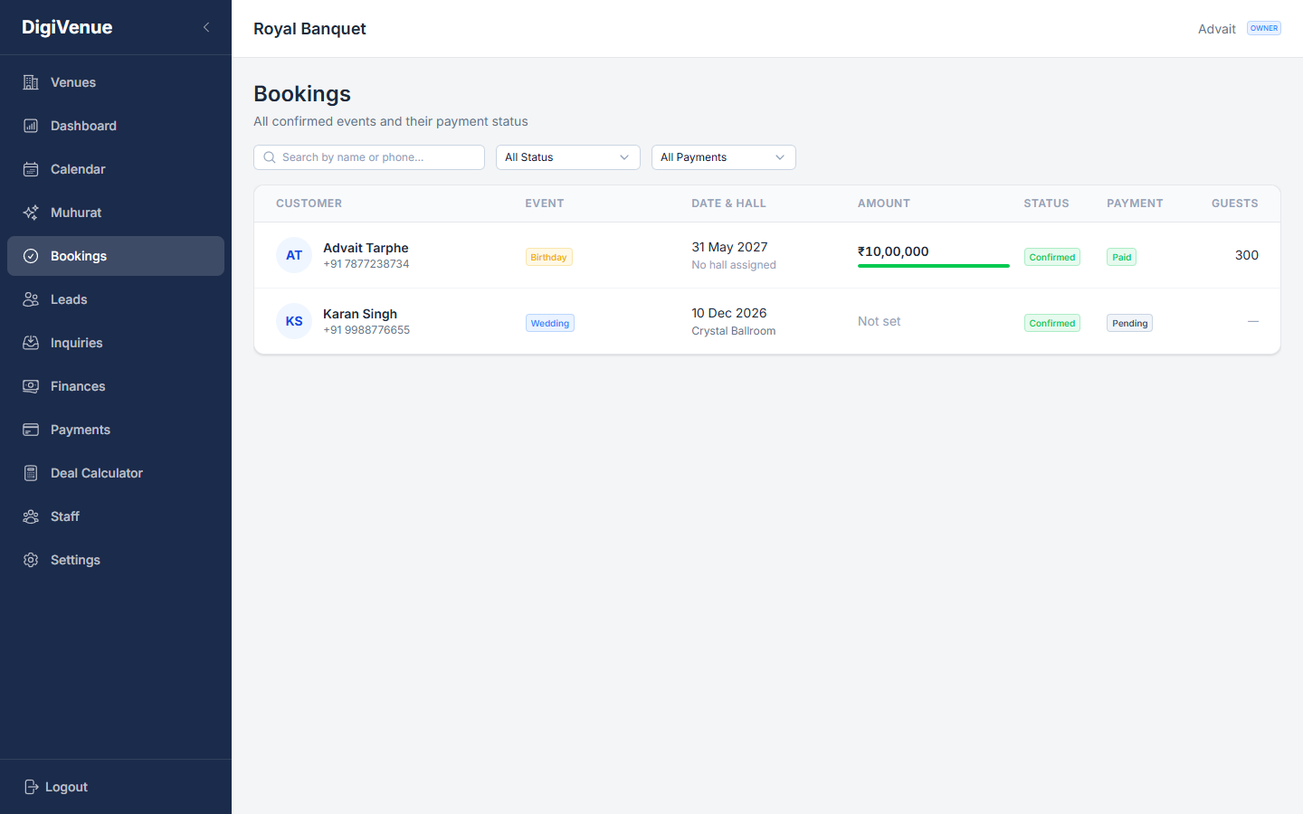 Digivenue bookings list — confirmed events with hall, date, amount, status, payment