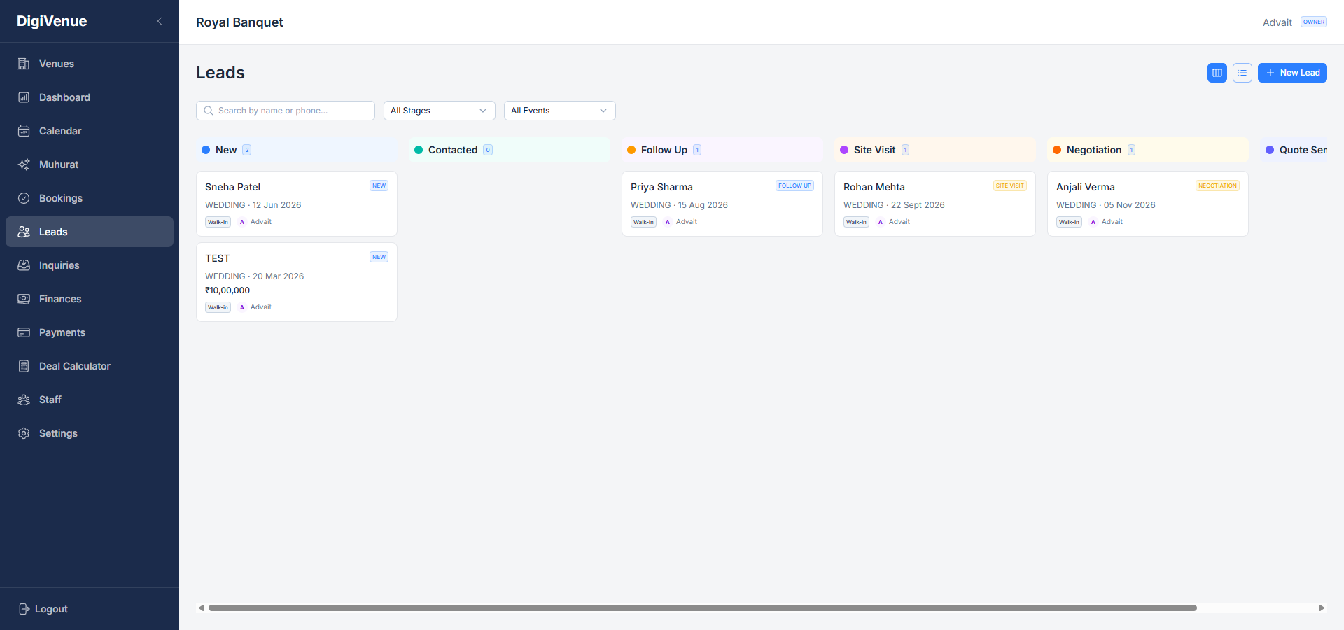 Digivenue lead pipeline kanban — New, Contacted, Follow Up, Site Visit, Negotiation