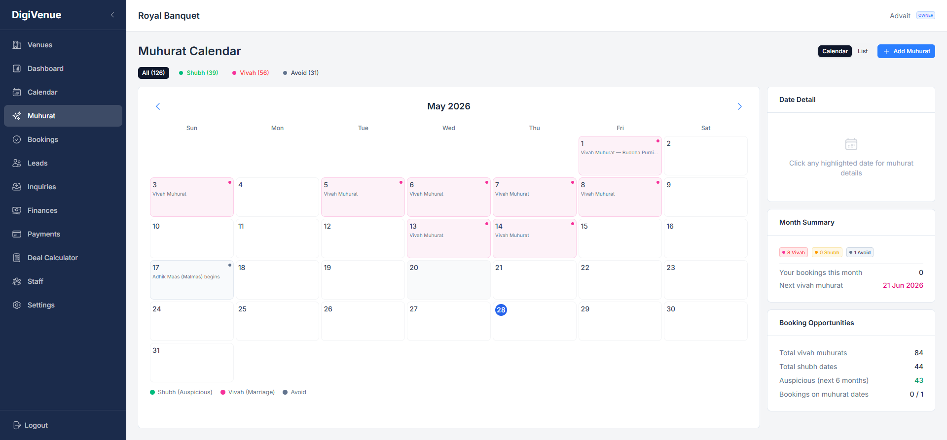Digivenue Muhurat Calendar — auspicious wedding dates with Vivah and Shubh markers