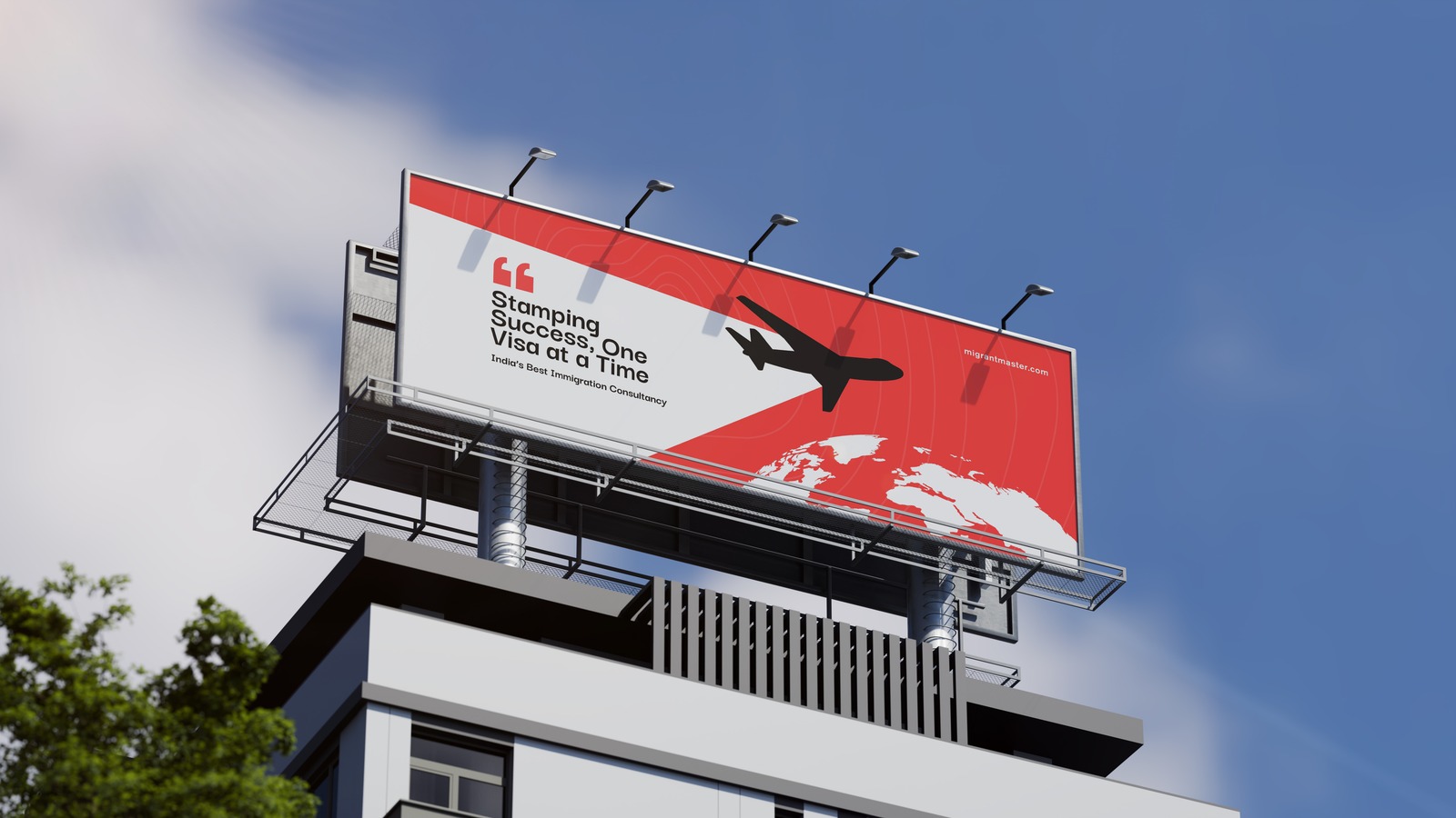 Migrant Master rooftop billboard against blue sky