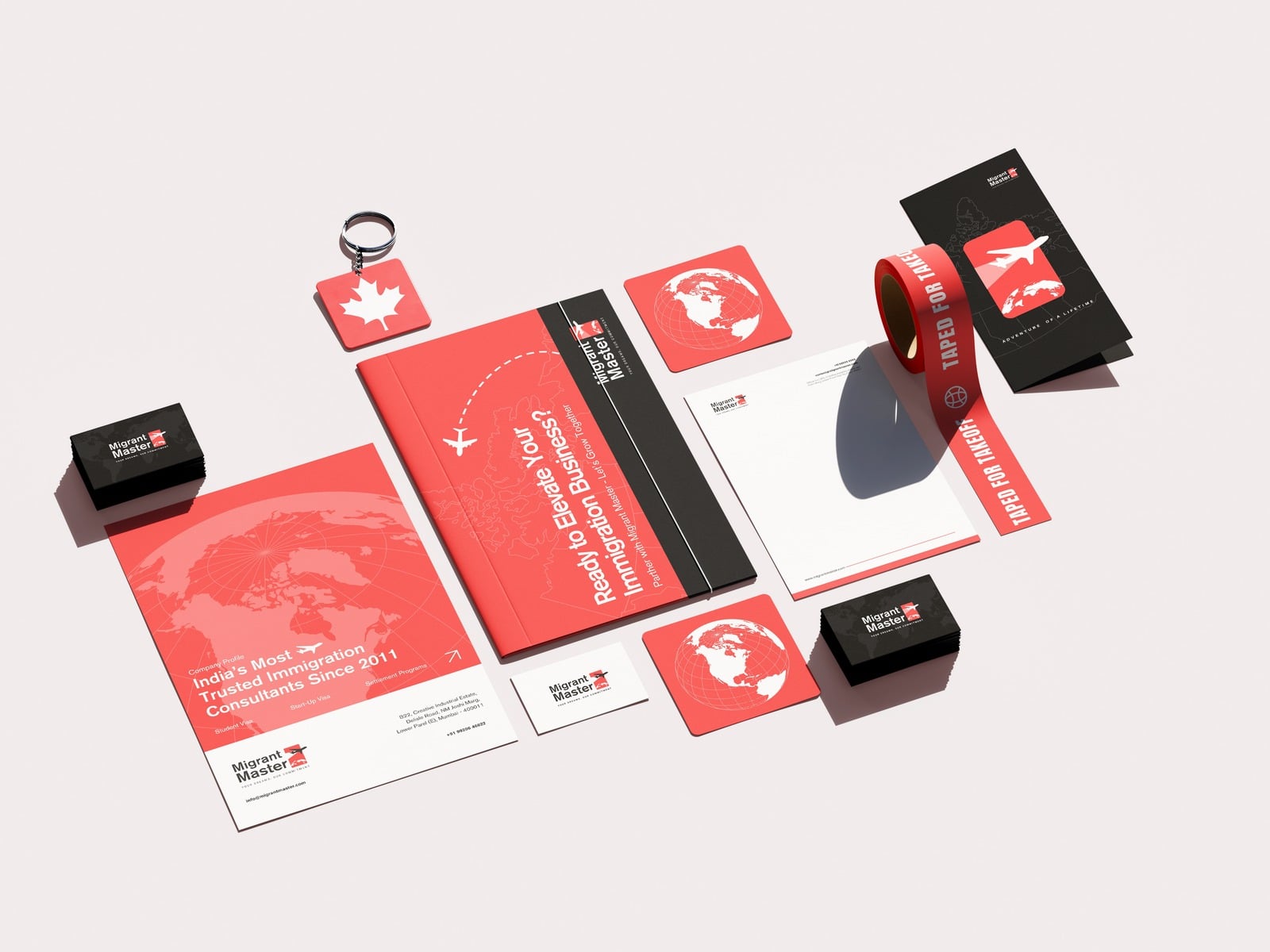 Migrant Master stationery — folder, letterhead, coasters, keychain, takeoff tape