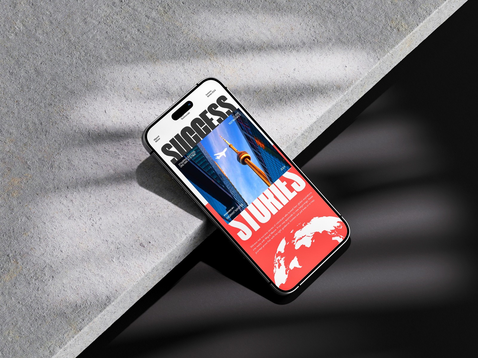 Migrant Master "Success Stories" mobile mockup with Toronto skyline