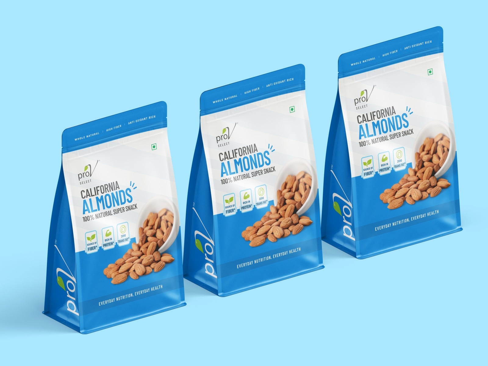 Three Pro-V Select California Almonds pouches lined up