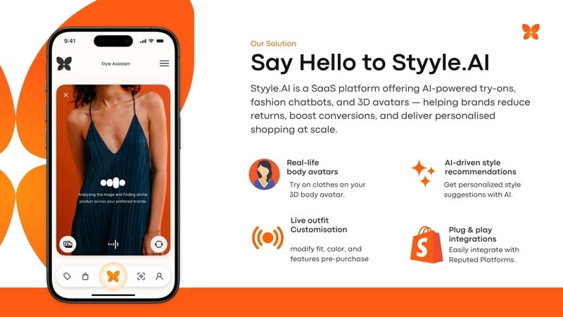 Styyle.AI solution slide with iPhone mock showing the AI Style Assistant
