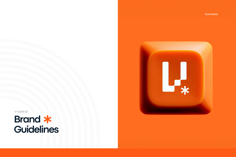 V-Core AI brand guidelines cover with the logo rendered as an orange 3D cube