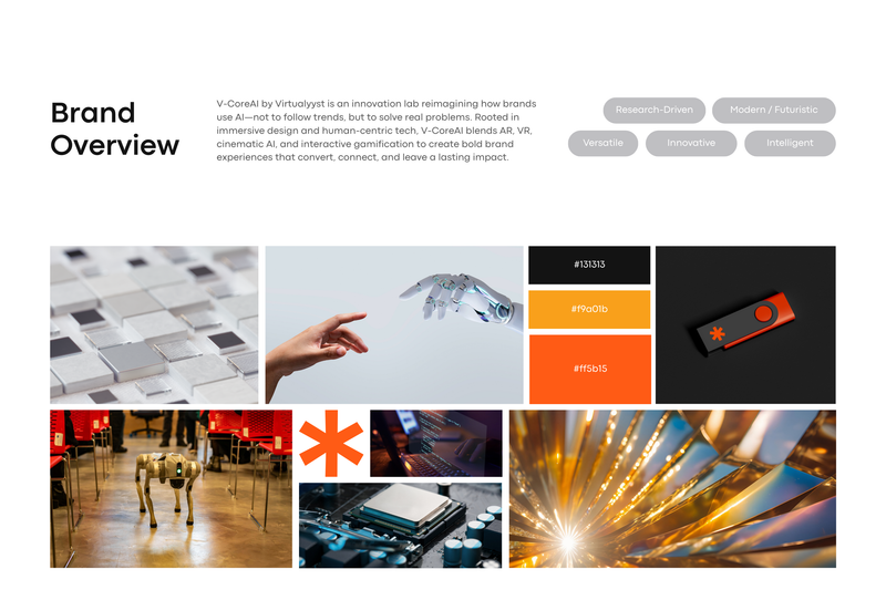 V-Core AI brand overview slide with reference imagery and personality keywords